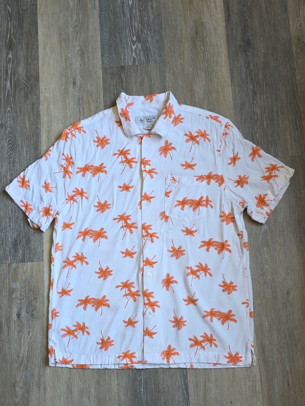 Original Penguin White Short-Sleeve Button-Up with Orange Palm Print